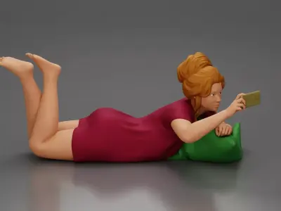 Relaxed Woman Lying on Pillow Taking a Selfie with Phone 3D print model