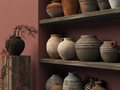 Vintage Primitive Pottery Vase Collection Wabi Sabi Decor PBR Low-poly 3D model
