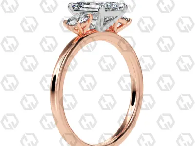 Ring 103 Emerald Shape 3 stone ring with round 3D print model