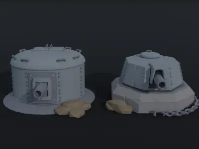 Cartoon Dieselpunk  gun turrets Polygonal Style Low-poly 3D model
