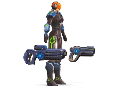 Woman Cyborg Soldier with Automatic Rifle and Pistol Low-poly 3D model