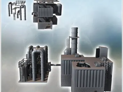 Industrial building set with storage silo and ventilation chimne 3D print model