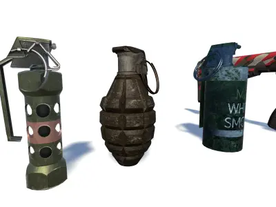 3D Weapon Grenade Pack Pistol with Camo Smoke Frag Flash bang Low-poly 3D model