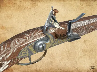 Flintlock pistol Low-poly 3D model 7