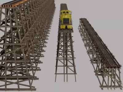 Locomotive and three bridge trestle complete materials PBR 3D Model Pack