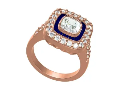 Cushion Shape Baguette Halo Vintage Engagement Ring 3D print model