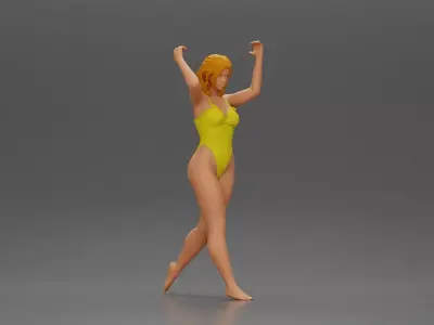 woman in swimsuit carrying a red surfboard on her shoulders 3D print model