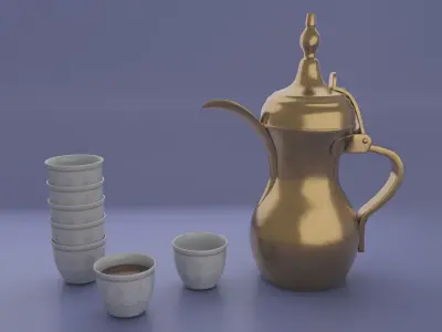 Dallah  golden Arabic coffee pot and Finjan cups 3D model