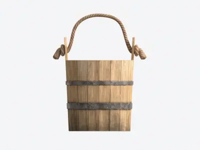 Old Wooden Bucket with Rope Handle 3D model