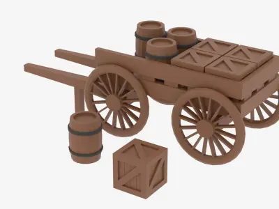 Lowpoly Wooden Cart with Barrel and Crate Low-poly 3D model