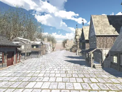 Medieval Modular Town with 13 Houses Tree and Bridge Game Ready Low-poly 3D model