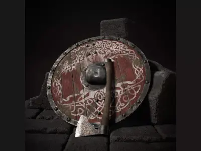Viking axe and shield with Yggdrasil Low-poly 3D model