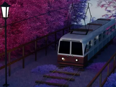 Tram Environment Scene Tracks Foliage Tram Streetlight Fence  3D model