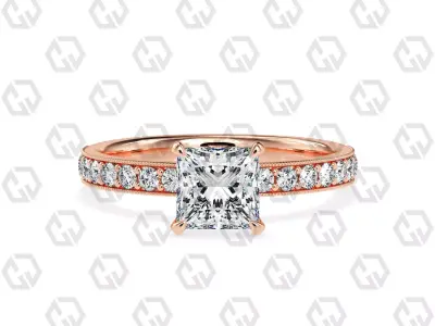 Ring 168 Princess Shape milgrain pave set ring with Gems 3D print model