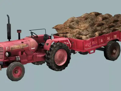 Tafe Tractor X2 With Trailer 3D Model Low-poly 3D model