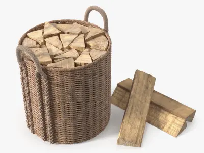 Rattan Log Carrier with Firewood Brown 3D model