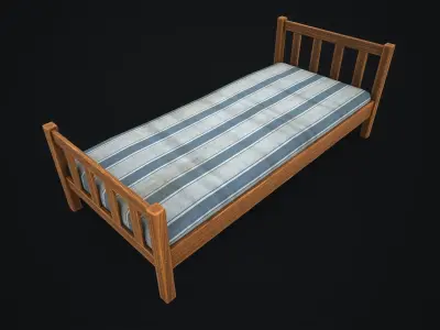 Wooden simple single bed Low-poly 3D model