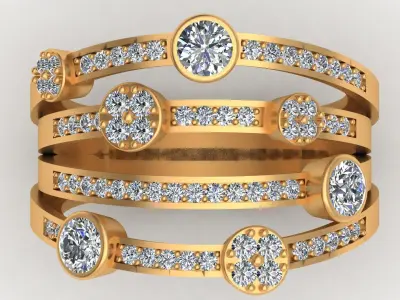 4 Row Fashion Diamond Gold Ring 3D print model