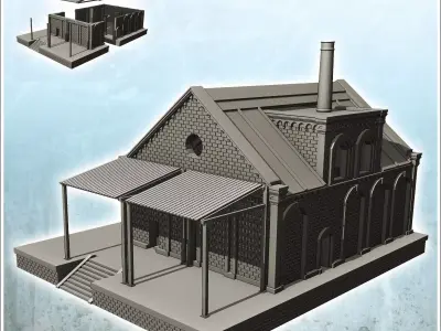 Brick industrial storage warehouse on platform with chimney and  3D print model