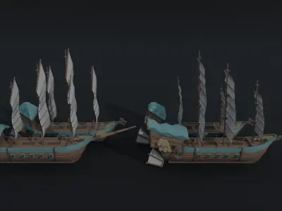 Cartoon fantasy asion ships 2 Polygonal Style Low-poly 3D model