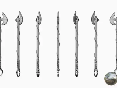 Melee long axe with a chain  Low-poly 3D model