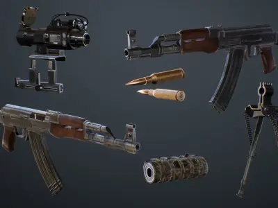 AK-47 Assault Rifle with Scope and Suppressor Low-poly 3D model