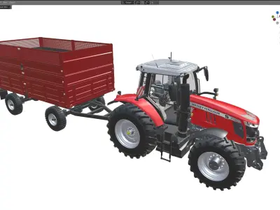 Massey Ferguson 7700S Tractor With Tipping Trailer Low-poly 3D model
