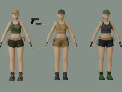 ArmyGirl group of women in military uniforms Low-poly 3D model