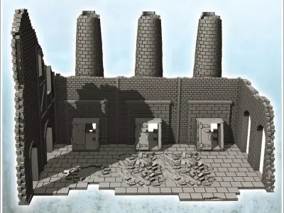 Ruined industrial building with three brick chimneys 5 - Modern  3D print model