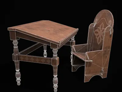 Elegant Long Writing Desk and High Wood Chair  3D Model Pack