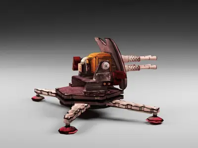 Cartoon 4-gun turret Low-poly 3D model