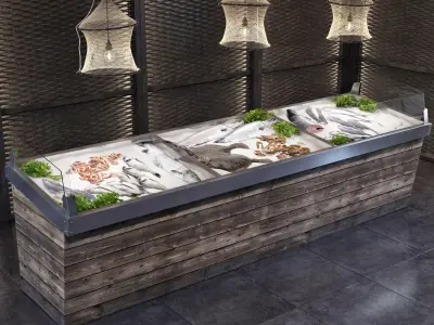 Showcase with fish and seafood 3D model purchase
