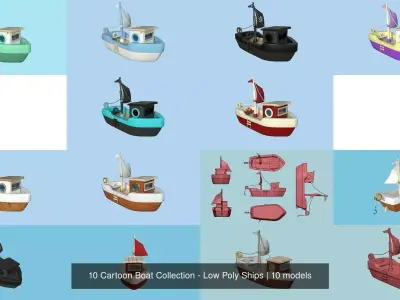 10 Cartoon Boat Collection - Low Poly Ships 3D Model Pack