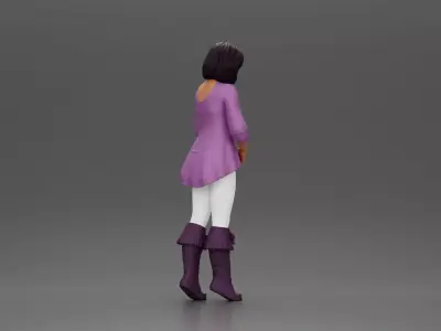 Confident woman in purple top and boots with white leggings 3D print model