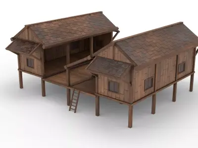 Thai wooden house Low-poly 3D model