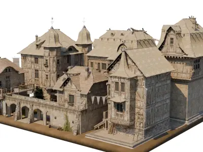 Medieval Town Square and Alley Scene Low-poly 3D model