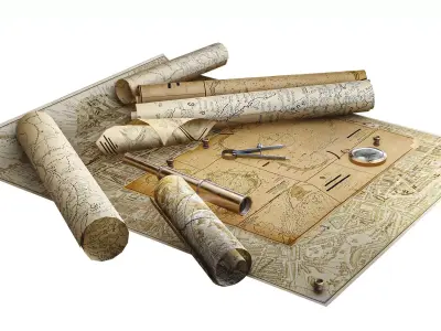 Vintage Map  with Tools  Pack   Low-poly 3D model