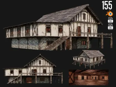4 Old Medieval House Pack 4K Textures GameReady 153 to 156 Low-poly 3D model