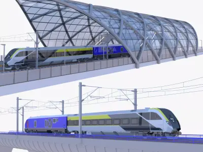 Bridge and station with american train 3D Model Pack