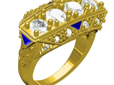 Four Diamond Antique Art Deco Style Ring 3D print model