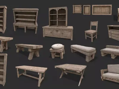 Medieval Environment Props 9 Living Room Furniture Pack Low-poly 3D model