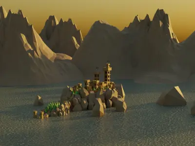 Low poly castle on a rock island Low-poly 3D model