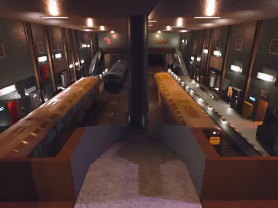 Subway station with trains on tracks Low-poly 3D model