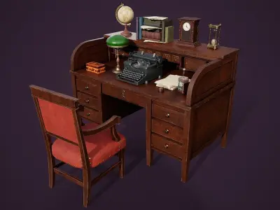 Antique Desk With Miscellaneous Low-poly 3D model