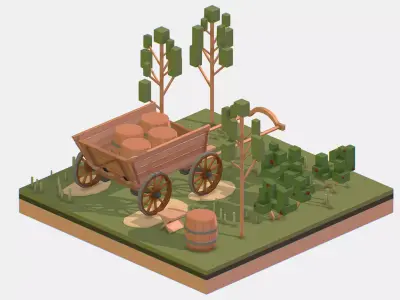 Isometric Village Wood Cart Barrel  Low-poly 3D model