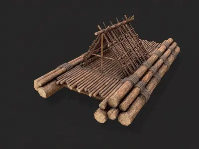 Primitive Wooden Raft Survival Boat  Low-poly 3D model