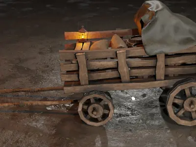 Stylized medieval cart with a lamp and a load Low-poly 3D model purchase