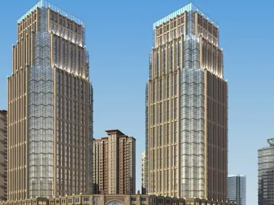 Architecture two tall buildings in middle of city 3D model