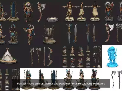 Fantasy native amerian warrior and equipment High Resolution 3D Model Pack