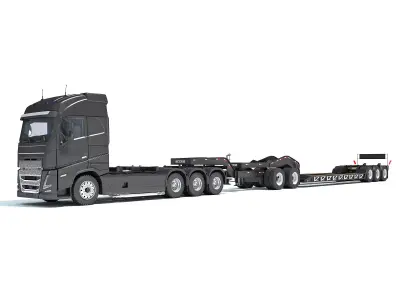 Semi Truck with Lowboy Trailer 3D model